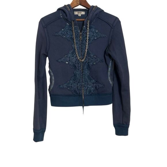 Hendi Full Zip Lace Embroidery Studded Chain Lace Up Back Hoodie Navy Sz Medium - Picture 1 of 11